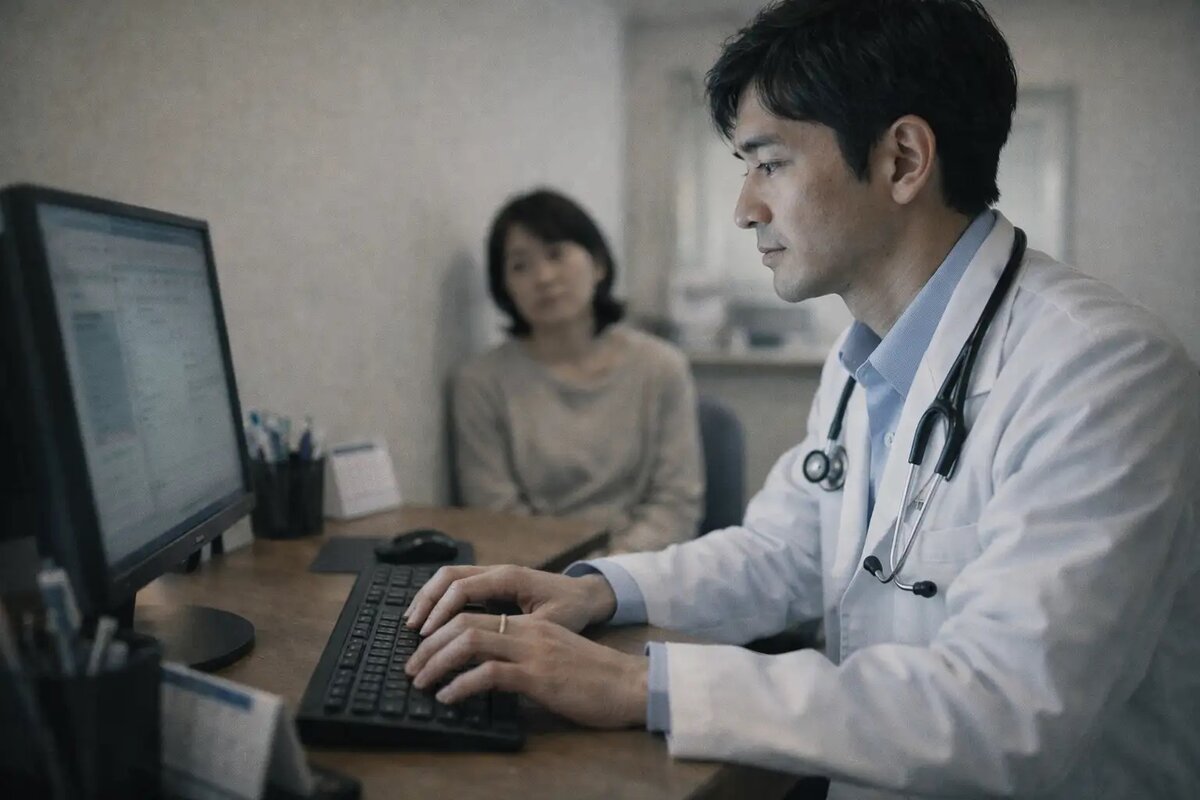 PC画面に集中する医師と視線をもらえず待つ患者