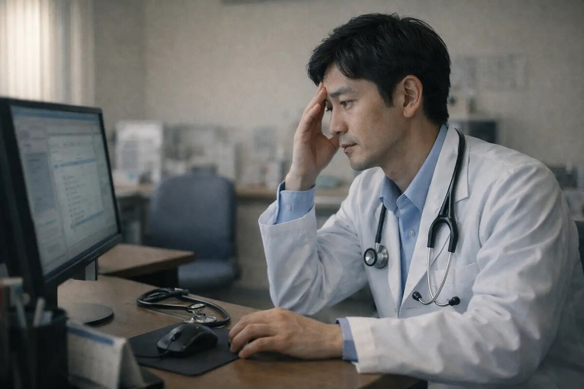 診察内容を思い出そうとする医師